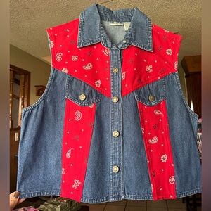 Vintage red & blue denim vest w/ paisley & bandana print details M